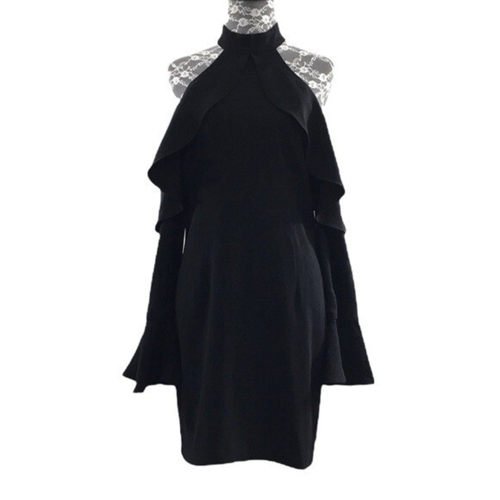 Bardot Night Shade Dress Black Womens 8 Medium Cold Shoulder Bell Sleeve Ruffle‎